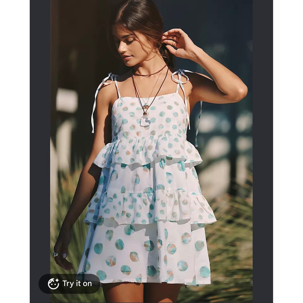 Anthropologie Ivory Dot Tiered Mini Dress Teal Polka Dot Tie Shoulder Small NWT
